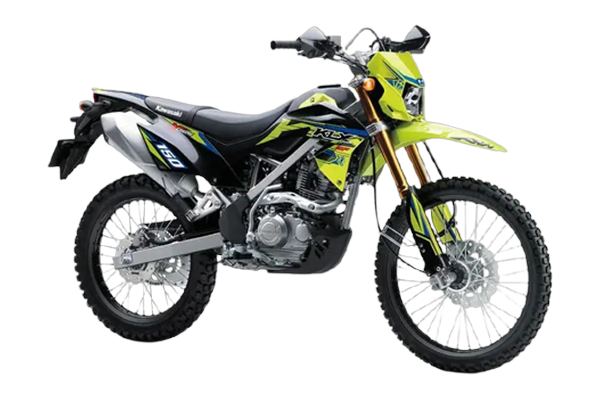 Studio three-quarter front product shot of a green-and-yellow Kawasaki KLX150 dual-sport trail bike fitted with mirrors and a number plate, on a transparent background — road-legal entry option.