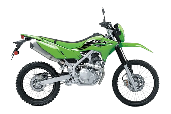Studio side-profile product shot of a 2025 Kawasaki KLX230 dual-sport trail bike in lime-green plastics with mirrors and a number plate, on a transparent background — the step-up entry option.