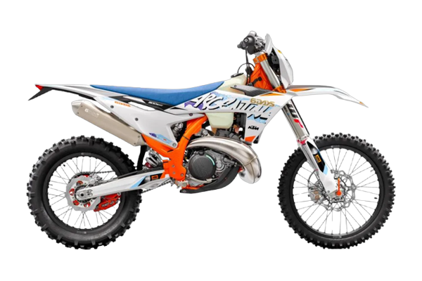 Studio side-profile of the 2024 KTM 300 EXC Six Days two-stroke — WHITE bodywork with blue saddle, expansion-chamber pipe and "Arcadia" Six Days graphics — on a transparent background.