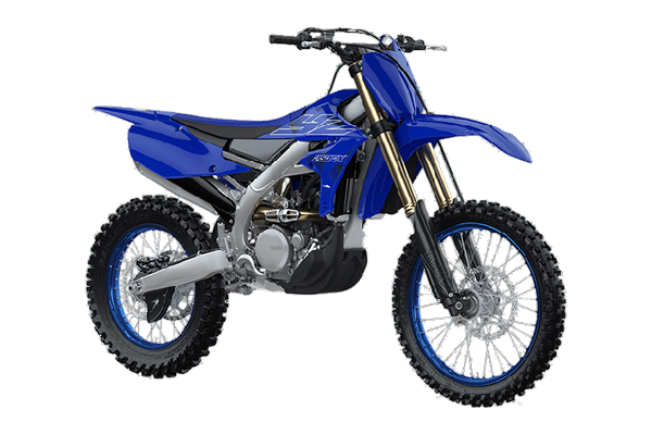 Studio three-quarter front product shot of a Yamaha YZ250FX cross-country enduro bike in factory blue plastics with black saddle and gold inverted forks, on a transparent background.